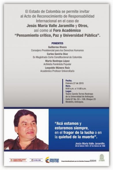 Estado reconocerá responsabilidad en asesinato de defensor Jesús María Valle