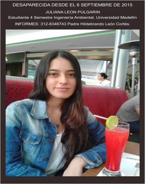 Desaparecida Juliana León Pulgarín hija dirigente Uneb, Medellín