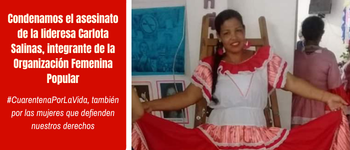 Condenamos el asesinato de la lideresa Carlota Salinas, integrante de la OFP