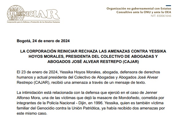 Corporación Reiniciar rechaza las amenazas contra Yessika Hoyos Morales, presidenta del Cajar