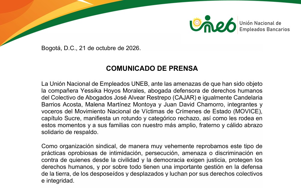 La Unión Nacional de Empleados Bancarios se solidariza con Yessika Hoyos, abogada de Cajar, e integrantes del Movice ante amenazas contra sus vidas